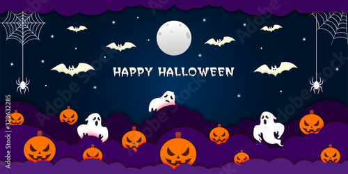 Fototapeta Naklejka Na Ścianę i Meble -  Happy Halloween banner, poster, invitation card with night clouds, pumpkins, bats, spiders web, stars, moon and text on isolated blue background