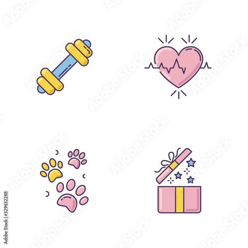 Lifestyle RGB color icons set. Gym workout. Dumbbell for exercise. Heart rate. Cardio healthcare. Pet paw prints. Open gift. Birthday present for social media highlights. Isolated vector illustrations
