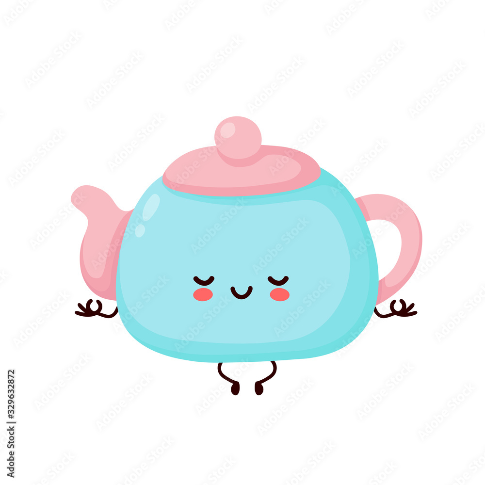 Cute happy smiling teapot meditate in yoga pose Cute happy smiling teapot meditate in yoga pose