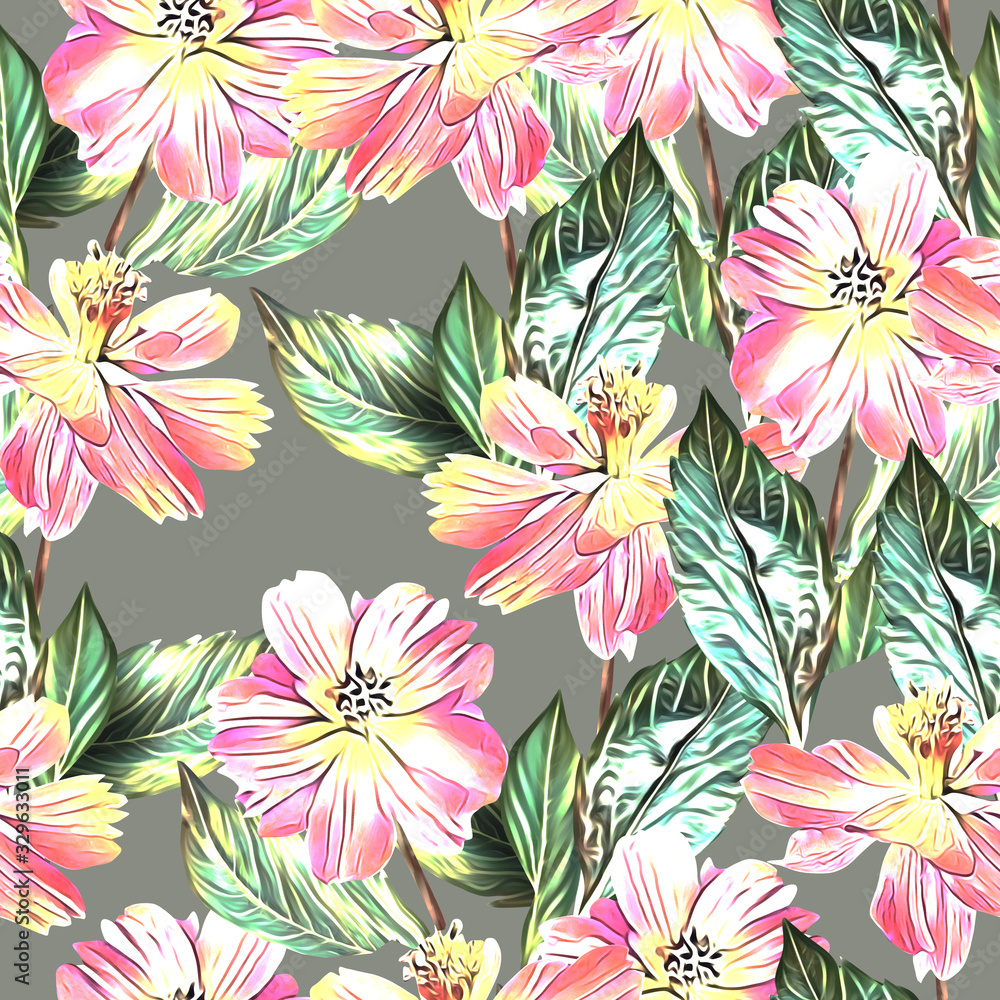 Springflowers with leaves, seamless pattern. Springflowers with leaves, seamless pattern.
