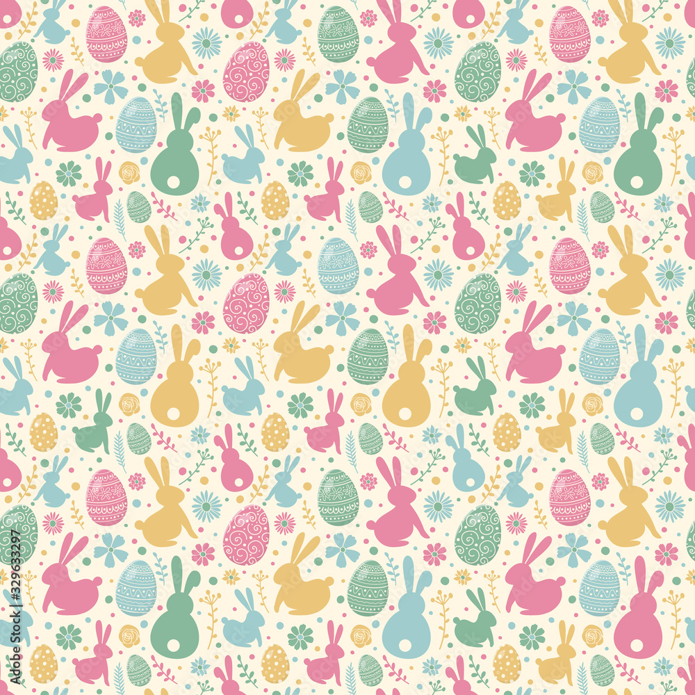 Fototapeta Colourful pattern with Easter bunnies and eggs. Wrapping paper concept. Vector