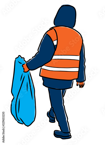 Vector drawing of cleaner with trash bag walking along street