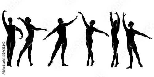 Collection. Silhouette of a slim guy, male ballet dancer. The artist has a beautiful slim figure, strong body. The man is dancing. Vector illustration set