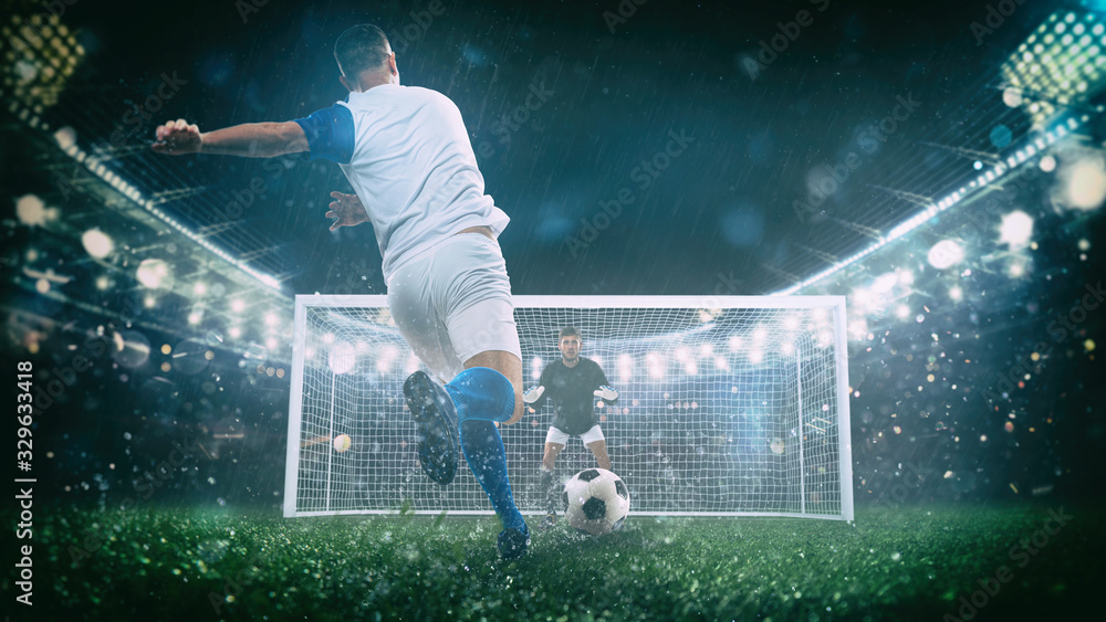Soccer scene at night match with player in a white and blue uniform kicking the penalty kick - obrazy, fototapety, plakaty 