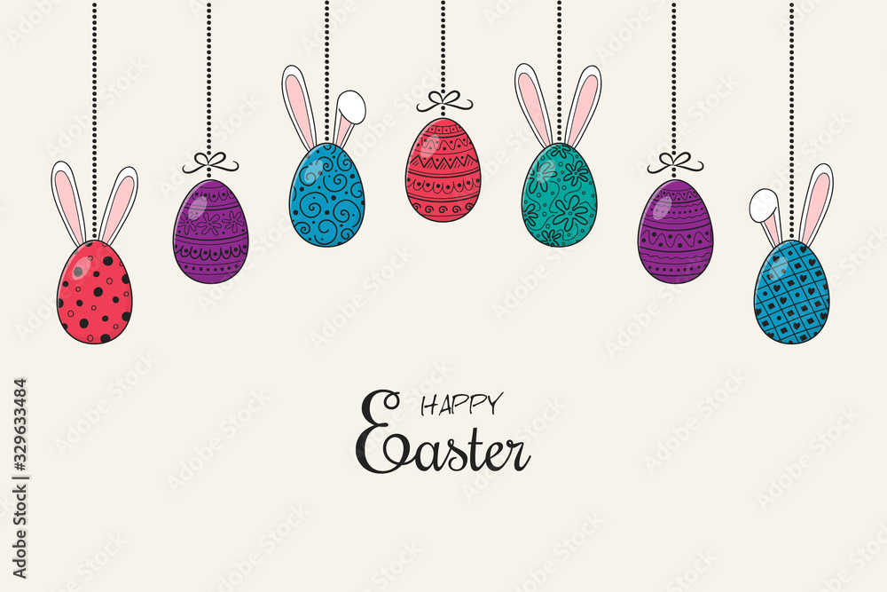 Hanging hand drawn Easter eggs with bunny ears and greetings. Vector