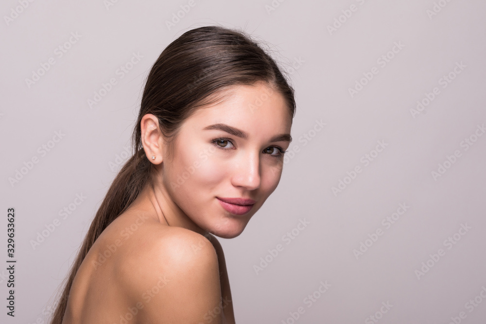 Portrait of beautiful woman with perfect face on white background Portrait of beautiful woman with perfect face on white background