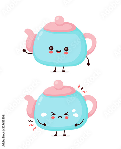 Cute happy smiling and sad cry teapot