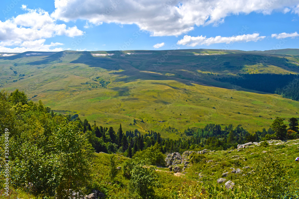 Top view of the hills, valley, coniferous and mixed forests. Trees, pines, grass, bushes, stones and blue sky with white clouds. Beautiful mountain landscape on a sunny summer day. Horizontal photo.