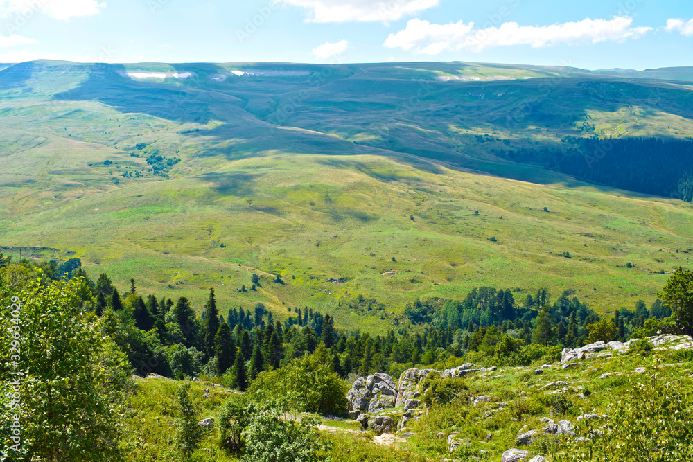 Top view of the hills, valley, coniferous and mixed forests. Trees, pines, grass, bushes, stones and blue sky with white clouds. Beautiful mountain landscape on a sunny summer day. Horizontal photo.