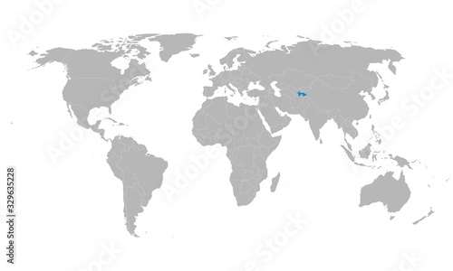 Tajikistan country highlighted on world map. Gray background. Perfect for backgrounds, backdrop, poster, sticker, banner, label, chart and wallpaper.