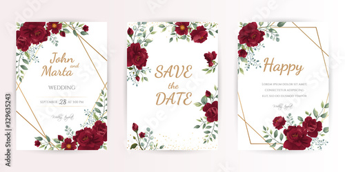 wedding invitation card with red roses, watercolor, leaves and golden geometric frame. Floral Trendy templates for banner, flyer, poster, greeting. Vector illustration. eps10