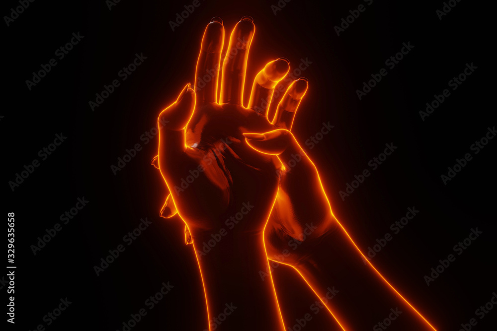 Front view of hands pain concept. Back light glowing.