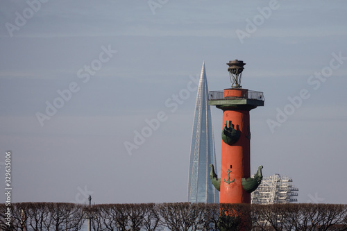 rostral columns and a lakhta center. View from the city centre photo