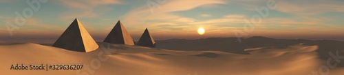 Desert panorama with pyramids at sunset, 3D rendering