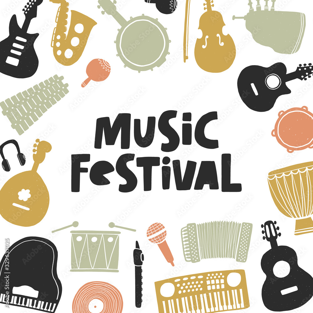 Music festival vector banner template. Musical instrument silhouette with stylized lettering. Cultural entertainment. Colored banner, live show, festival  poster