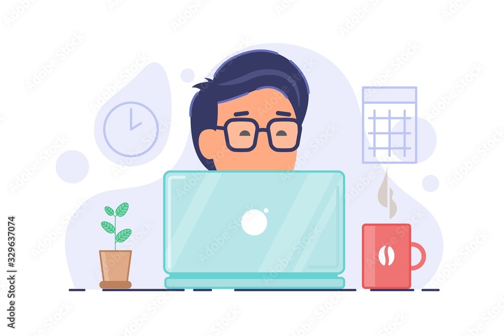 Freelncer concept composition. Remote worker vector illustration. Man in glasses working on compoter with cup of coffee and home plant on the table. Vector illustration isolated on white. Freelncer concept composition. Remote worker vector illustration. Man in glasses working on compoter with cup of coffee and home plant on the table. Vector illustration isolated on white.