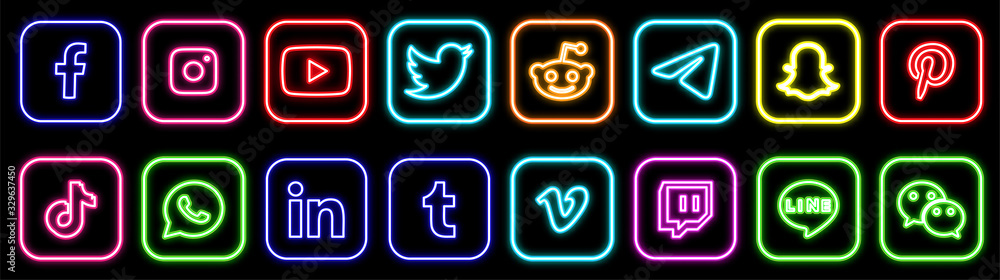Facebook Twitter Instagram Youtube Reddit Telegram Snapchat Pinterest Tiktok Logo Facebook Twitter Instagram Youtube Reddit Telegram Snapchat Pinterest Tiktok Neon Logo Stock Vector Adobe Stock