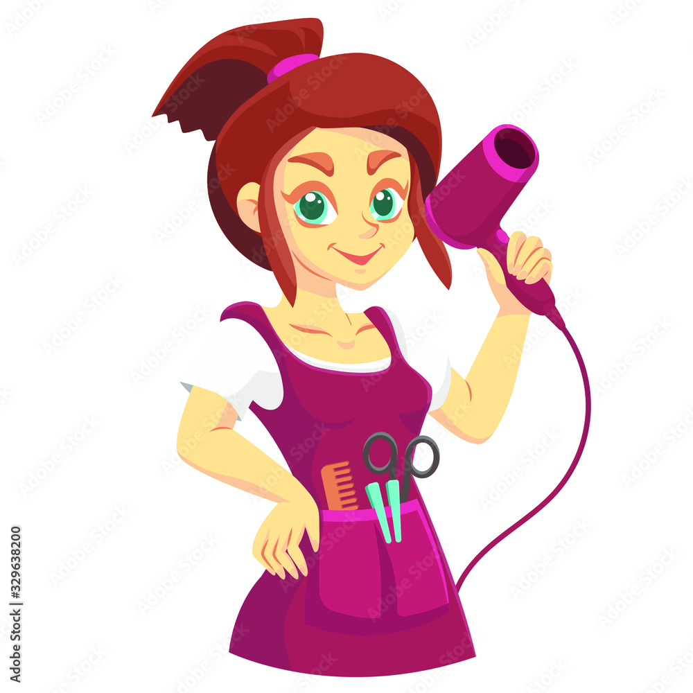 Vector drawing of a woman hairdresser in an apron holding a hair dryer in her hand. Vector drawing of a woman hairdresser in an apron holding a hair dryer in her hand.