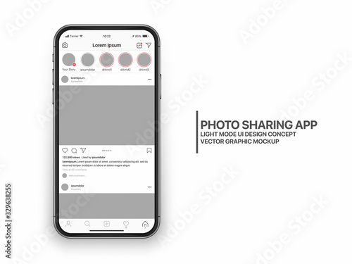 Instagram Photo Sharing Mobile App UI and UX Concept Vector Mockup in Light Mode on Frameless Smart Phone iPhone Screen Isolated on White Background. Social Network Account Bright Design Template