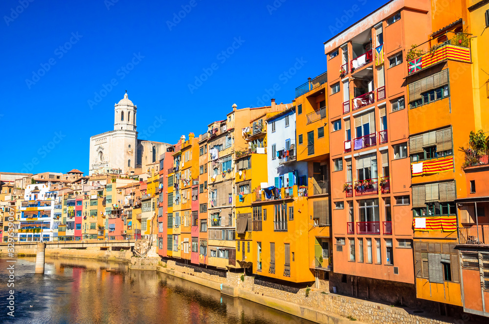 Famous colorful houses at river Onyar in Girona, Catalonia, Spain