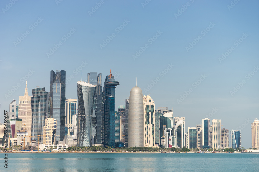 View of city center with skyscrapers from the other side of sea in Doha, Qatar 