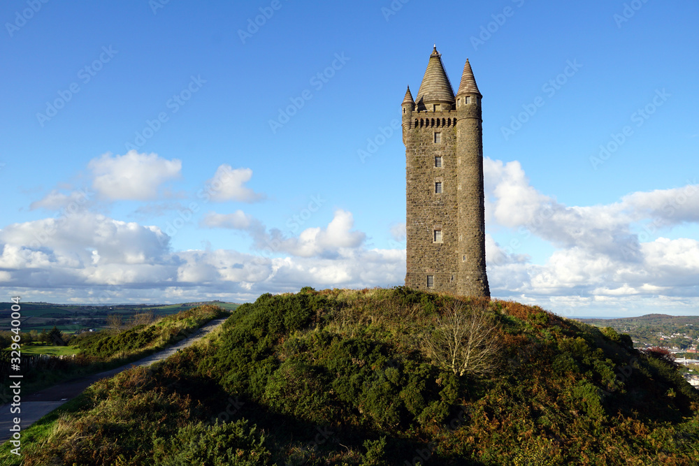 Scrabo Tower. A 19th-century lookout tower that stands on Scrabo Hill near Newtownards in County Down, Northern Ireland Scrabo Tower. A 19th-century lookout tower that stands on Scrabo Hill near Newtownards in County Down, Northern Ireland