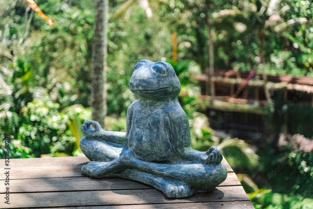 Statue of a frog in the Lotus position on the background of the jungle. Cafe in the jungle. Tropical trees, palm trees , and bamboo thickets.