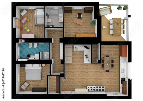 Design custom floor plans. Living space with using colors and textures. Floor plan top view. 3d.