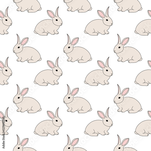 Seamless pattern with bunny, fluffy pet, farm (domestic) animal, isolated on white background. Cute print with colored graphic elements for textile, fabric, wrapping paper, scrapbooking, web design