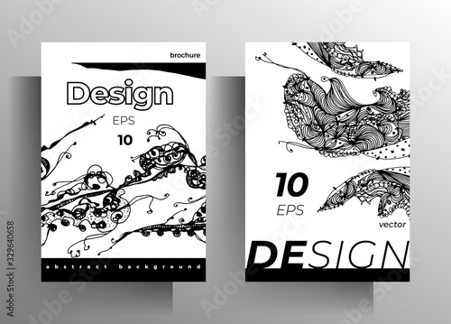 Cover design for book, magazine, brochure catalog template set. Monochrome graphic elements are manually drawn. Vector 10 EPS. 