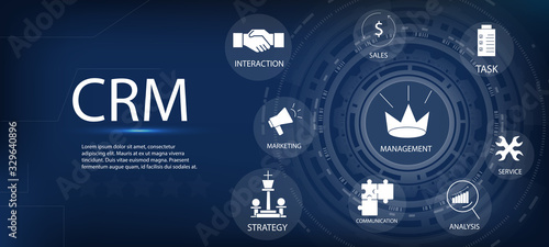CRM banner. Customer relationship management concepts with icons and conceptual keywords. Web page banner template with icons and conceptual text. Abstract CRM background, vector illustration.
