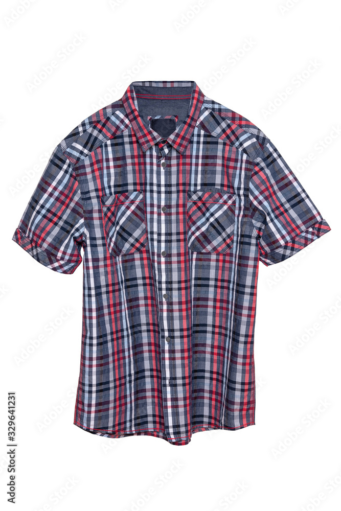 Checked shirts. Close-up of a red black and white tartan or plaid shirt for mens isolated on a white background. Summer fashion of mans clothes. Checked shirts. Close-up of a red black and white tartan or plaid shirt for mens isolated on a white background. Summer fashion of mans clothes.