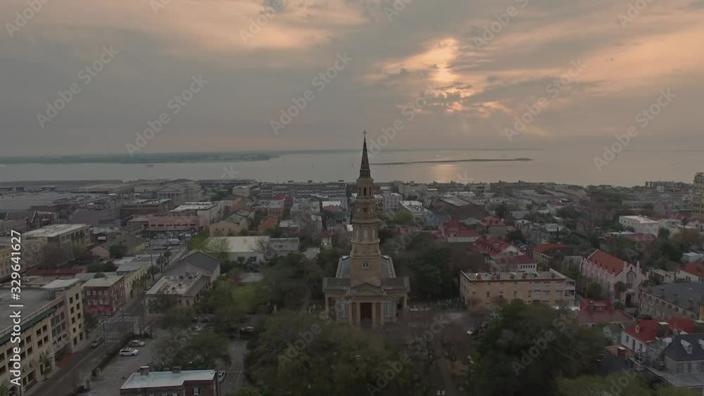 Aerial Over Coastal City With Church Steeple Aerial Over Coastal City With Church Steeple