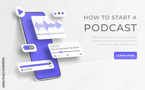White realistic 3d smartphone. Webinar, online training, radio show or audio blog podcast concept. Mobile app infographic template with buttons and ui sliders. Interface for audio control illustration