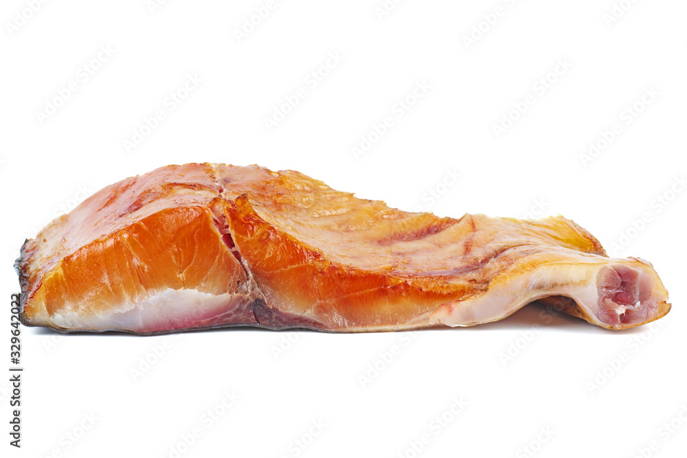 Piece of smocked silver carp on a white background isolated Piece of smocked silver carp on a white background isolated