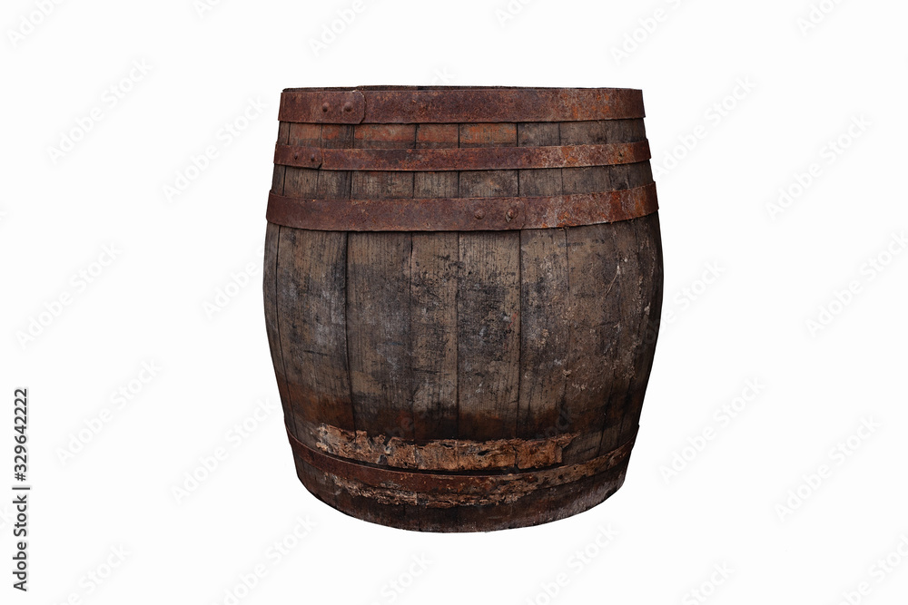 Obraz premium Old, brown, wooden barrel on the white background, cut out