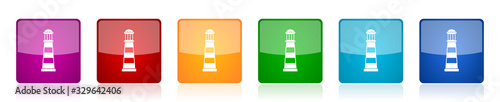 Lighthouse icon set, navigation, sea colorful square glossy vector illustrations in 6 options for web design and mobile applications