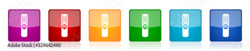 Tv remote control icon set, television colorful square glossy vector illustrations in 6 options for web design and mobile applications