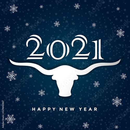 Happy New Year 2021 of the ox. Vertical vector illustration of a white bull who holds numbers on the horns. Snowflakes, and text on blue gradient isolated background