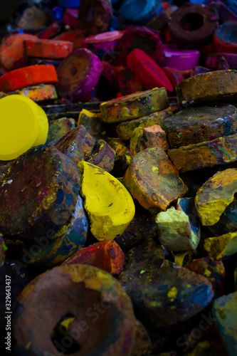 Close up of a pile of Art paints in a secondary school in Britain 