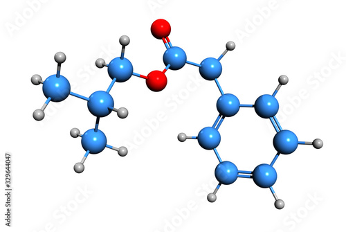 3D image of isobutyl phenylacetate skeletal formula - molecular chemical structure of 2-Methylpropyl phenylacetate isolated on white background photo