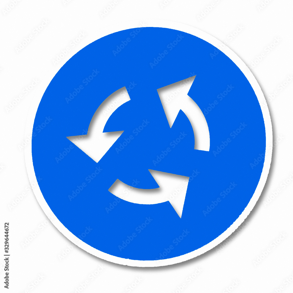 Blue and white roundabout road sign with arrows indicating eternal repetition Blue and white roundabout road sign with arrows indicating eternal repetition