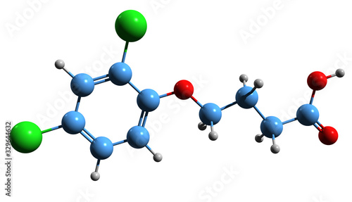 3D image of 4-(2,4-dichlorophenoxy)butyric acid skeletal formula - molecular chemical structure of 2,4-DB isolated on white background photo