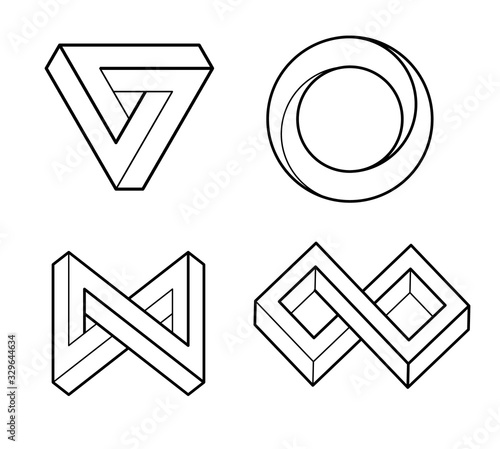 Impossible geometry shape. Optical Illusion. Line design. Unpeal geometry symbols vector set. Escher paradox impossible geometry geometric graphic.