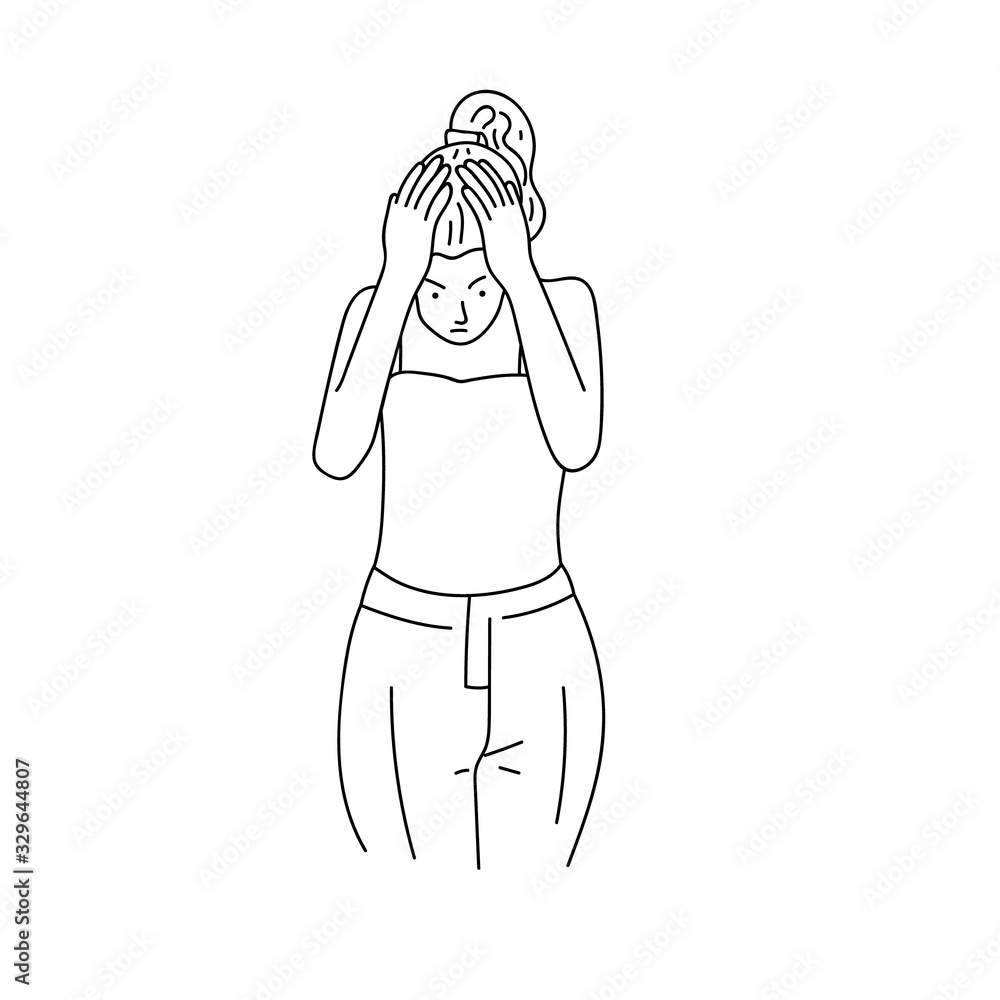Health And Pain. Stressed Exhausted Young Woman Having Strong Tension Headache. Hand drawn style vector design illustrations. Health And Pain. Stressed Exhausted Young Woman Having Strong Tension Headache. Hand drawn style vector design illustrations.