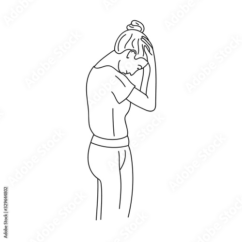 Health And Pain. Stressed Exhausted Young Woman Having Strong Tension Headache. Hand drawn style vector design illustrations.