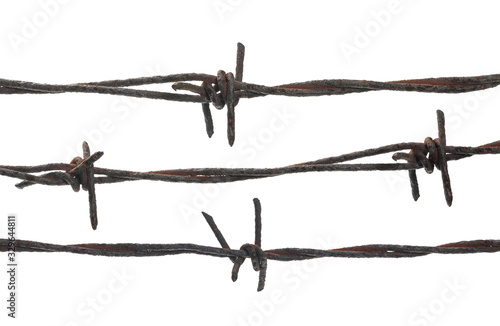 Set old rusty security barbed wire fence isolated on white background and texture, clipping path