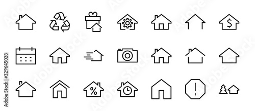 Simple set of line vector home icons. Contains house symbols at interest, infuse house and more. Editable stroke. 480x480 pixels perfect