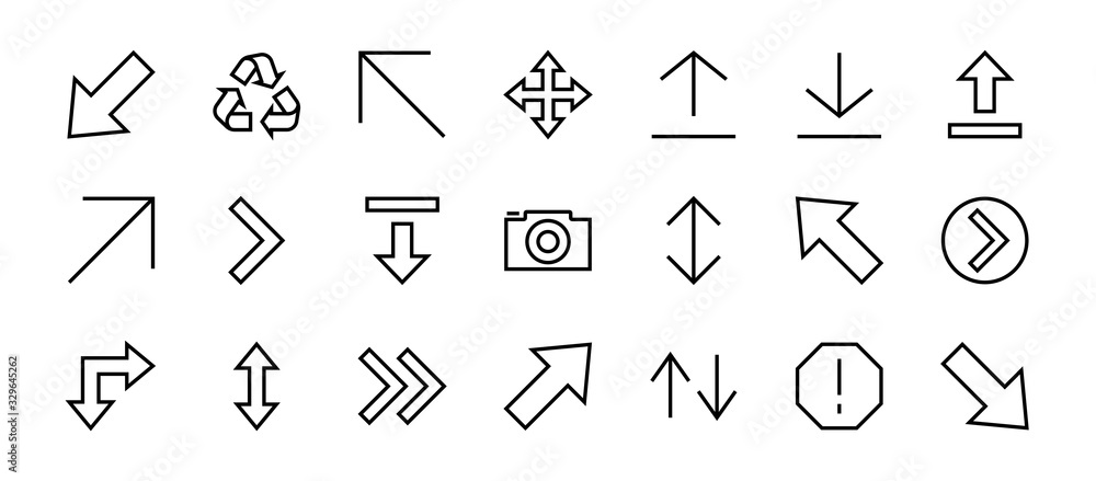 Set of line arrows, directions, arrows, contains icons such as pause, continuation, directly, to the right, Editable stroke. 480x480, On a white background, Vector illustration Set of line arrows, directions, arrows, contains icons such as pause, continuation, directly, to the right, Editable stroke. 480x480, On a white background, Vector illustration