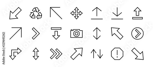 Set of line arrows, directions, arrows, contains icons such as pause, continuation, directly, to the right, Editable stroke. 480x480, On a white background, Vector illustration
